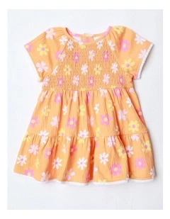 Floral Crinkle Knit Shirred Dress in Apricot