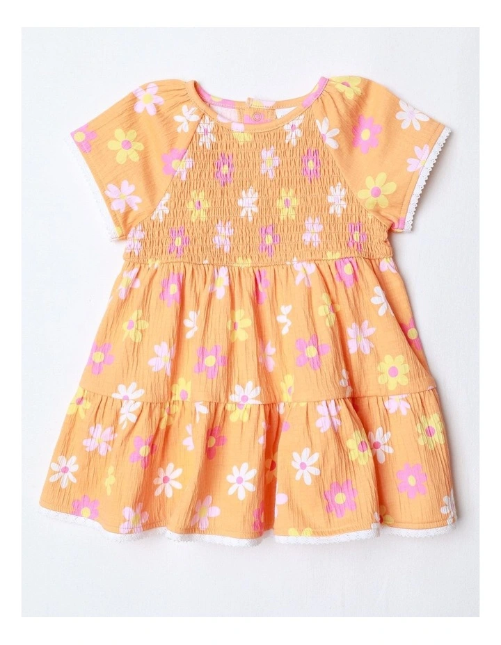 Floral Crinkle Knit Shirred Dress in Apricot image 1