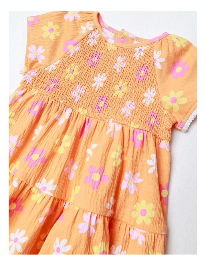 Floral Crinkle Knit Shirred Dress in Apricot image 2
