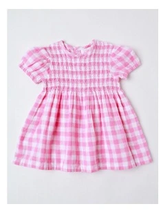 Shirred Gingham Dress in Light Pink