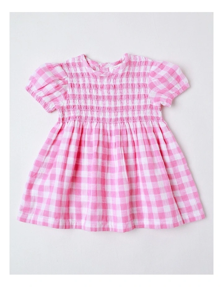 Shirred Gingham Dress in Light Pink image 1
