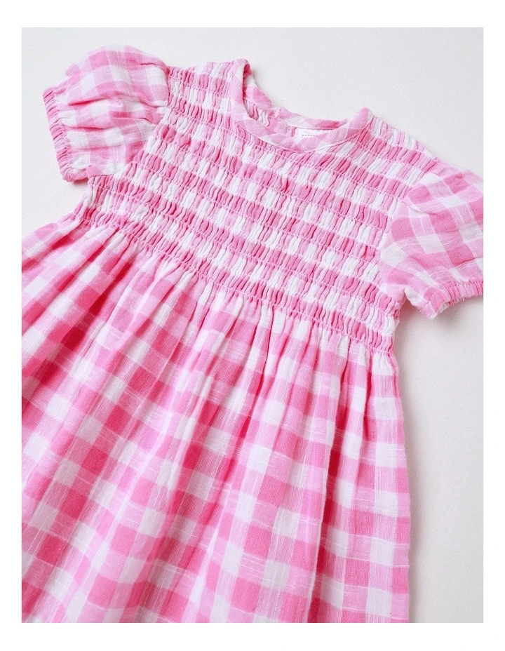 Shirred Gingham Dress in Light Pink image 2