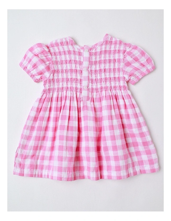 Shirred Gingham Dress in Light Pink image 3