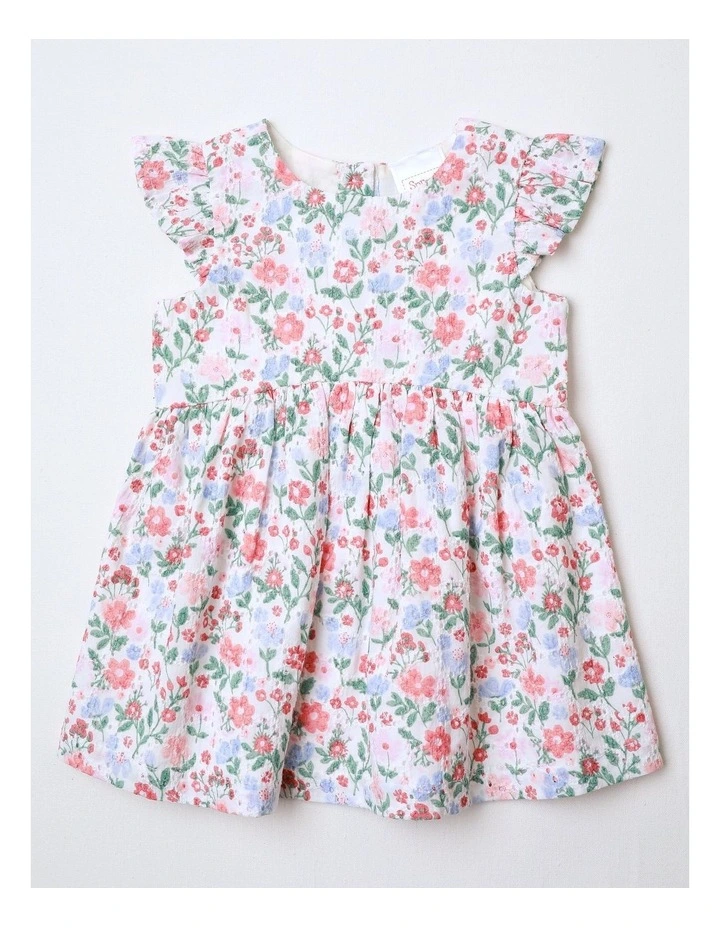 Floral Woven Frill Hem Dress in White image 1
