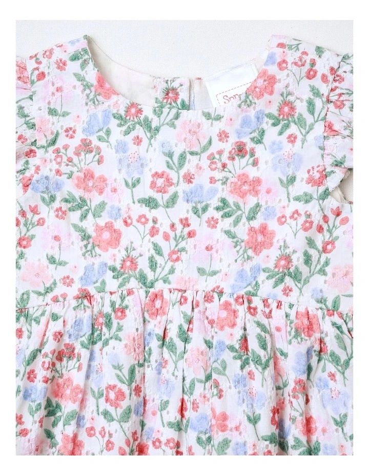 Floral Woven Frill Hem Dress in White image 2