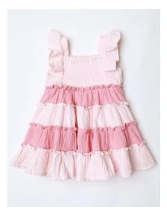 Shirred Tiered Dress in Pink