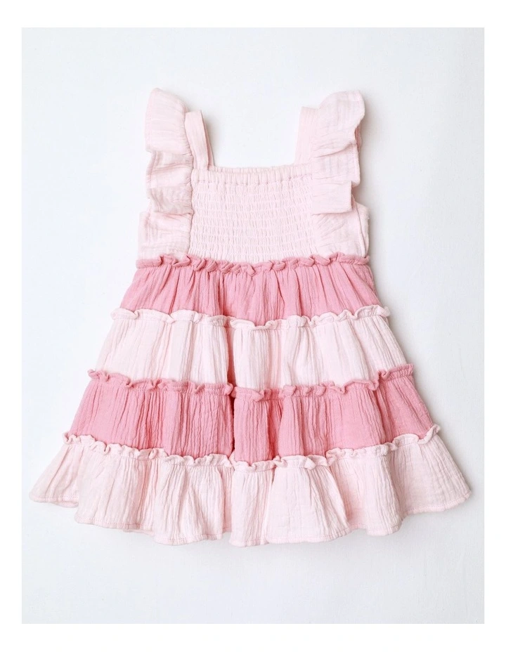 Shirred Tiered Dress in Pink image 1