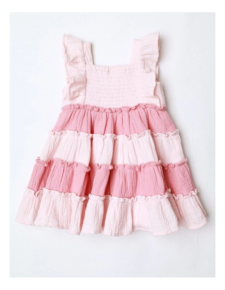 Shirred Tiered Dress in Pink image 3