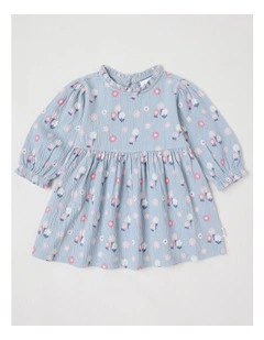 Crinkle Knit Frill Neck Dress in Dusty Blue