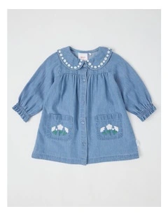 Denim Embroidery 2 Pocket Dress in Dusty Blue