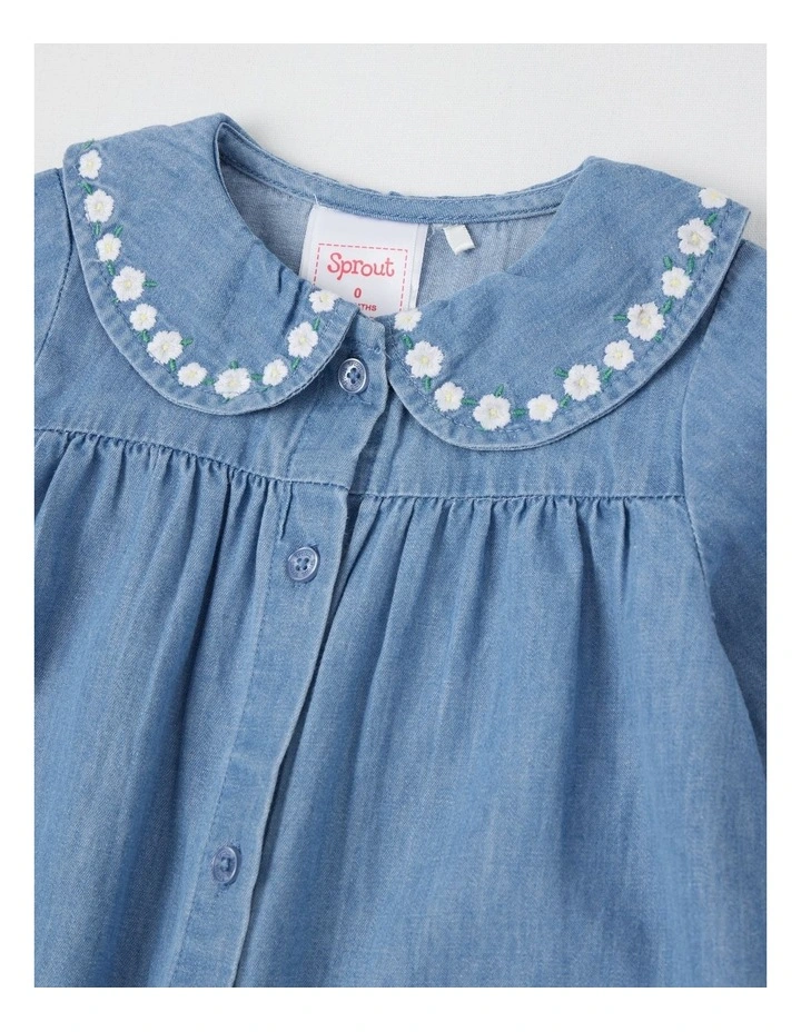 Denim Embroidery 2 Pocket Dress in Dusty Blue image 2
