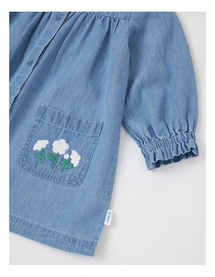 Denim Embroidery 2 Pocket Dress in Dusty Blue image 3