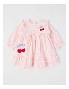 Cherry Gingham Yarndye Dress in Pale Pink