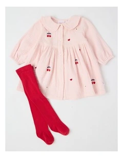 Cherry Daisy & Heart Collared Dress With Tights in Blush