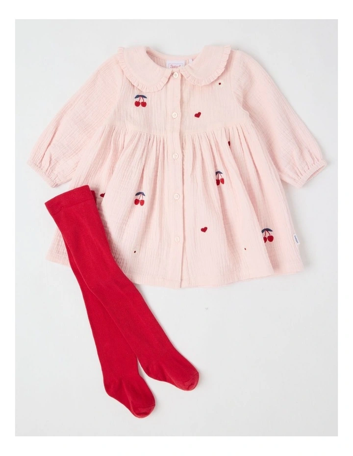 Cherry Daisy & Heart Collared Dress With Tights in Blush image 1