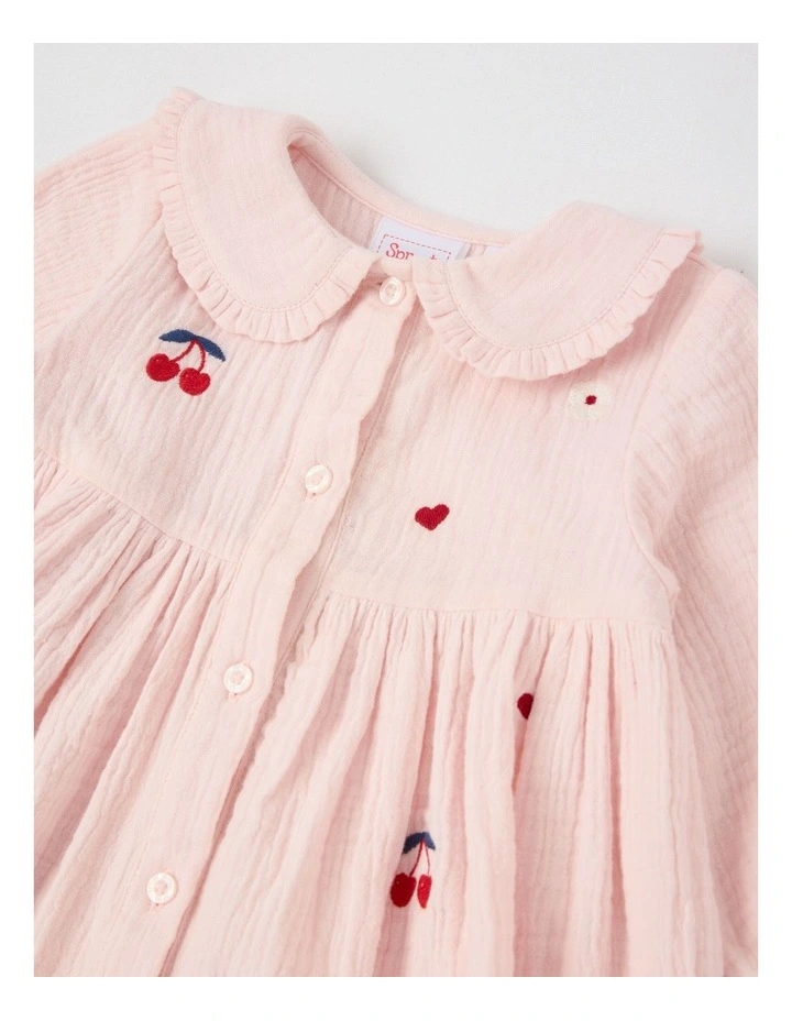 Cherry Daisy & Heart Collared Dress With Tights in Blush image 2