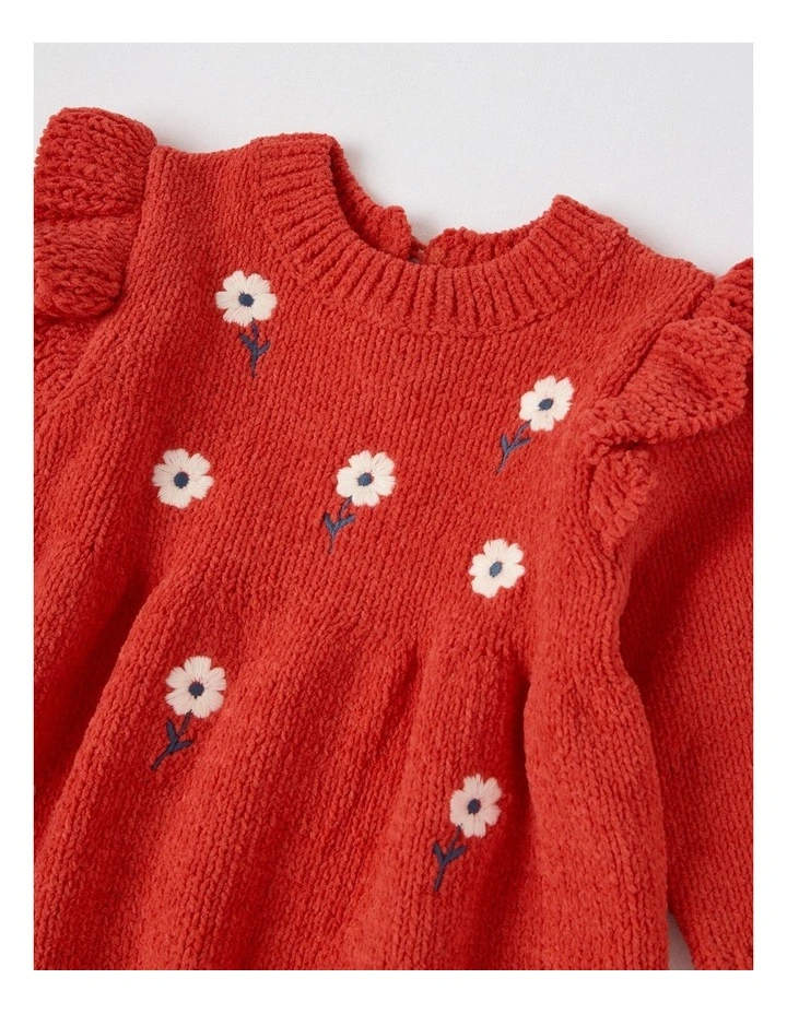 Chenille Daisy Embroidery Dress in Crimson image 2