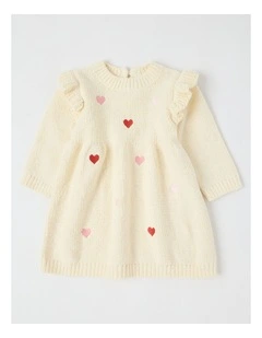 Chenille Heart Embroidery Dress in Bone