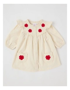Babycord Flower Frill Dress Bone
