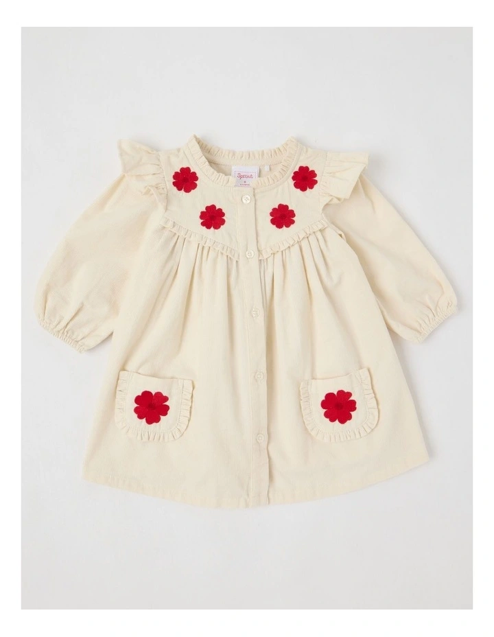 Babycord Flower Frill Dress Bone image 1