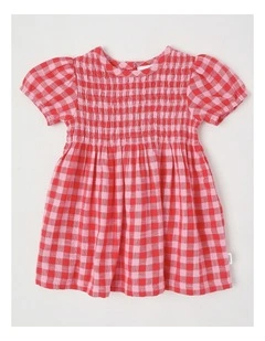 Tonal Gingham Shirred Dress in Hot Pink