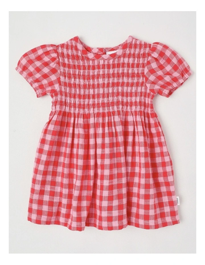 Tonal Gingham Shirred Dress in Hot Pink image 1