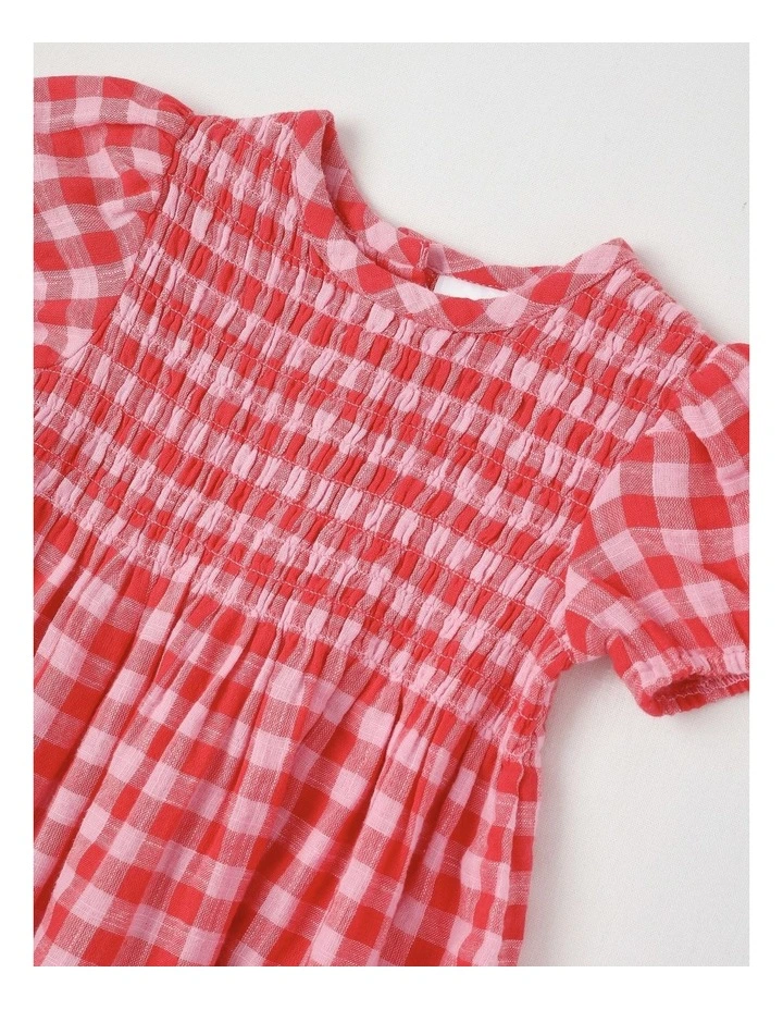 Tonal Gingham Shirred Dress in Hot Pink image 2