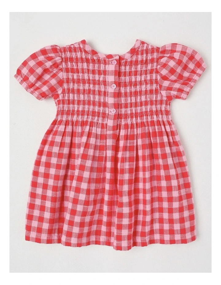 Tonal Gingham Shirred Dress in Hot Pink image 3