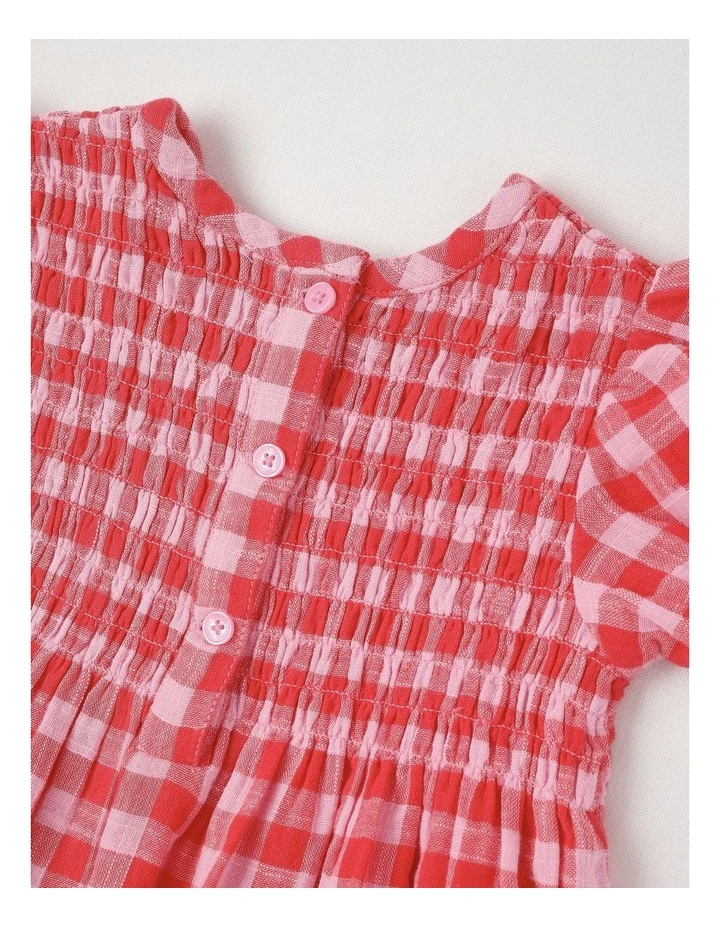 Tonal Gingham Shirred Dress in Hot Pink image 5