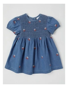 Strawberry Shirred Denim Dress in Dusty Blue