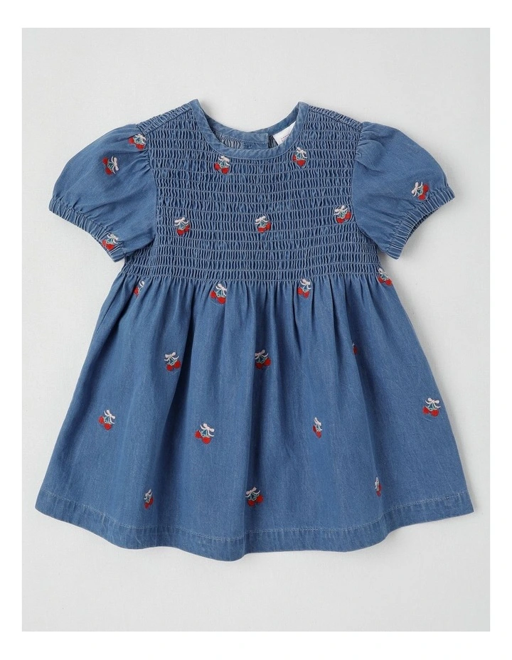 Strawberry Shirred Denim Dress in Dusty Blue image 1