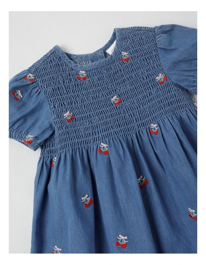 Strawberry Shirred Denim Dress in Dusty Blue image 2