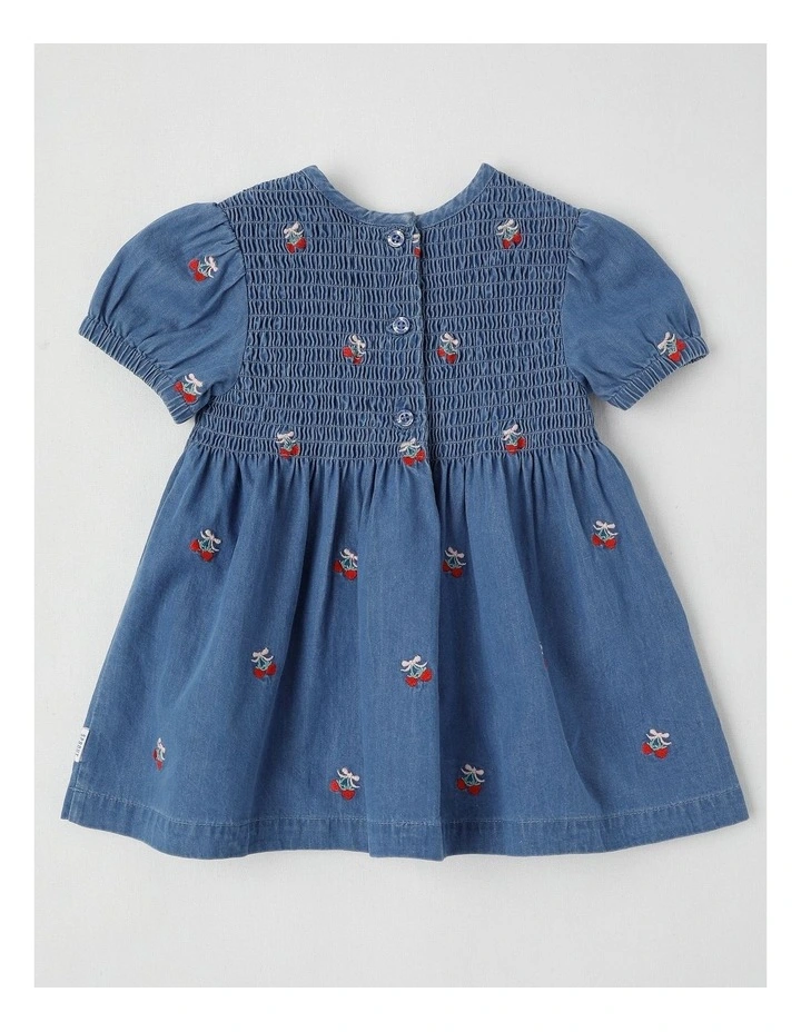 Strawberry Shirred Denim Dress in Dusty Blue image 3