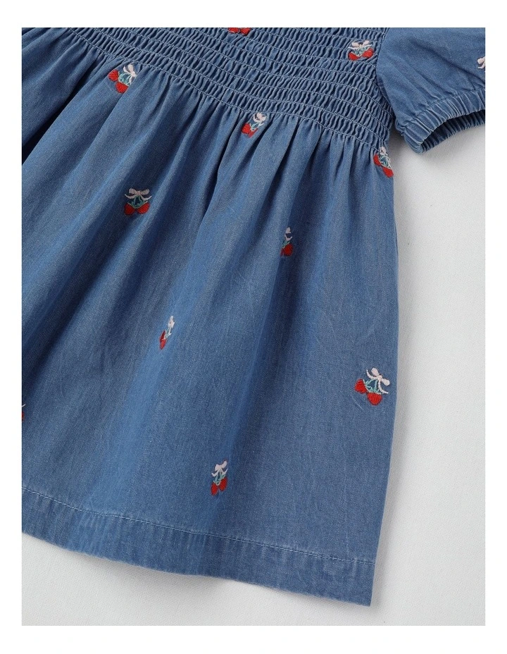 Strawberry Shirred Denim Dress in Dusty Blue image 4
