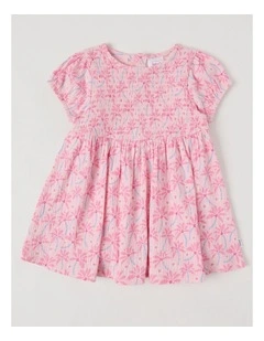 Palm Frangipani Crinkle Knit Dress in Light Pink