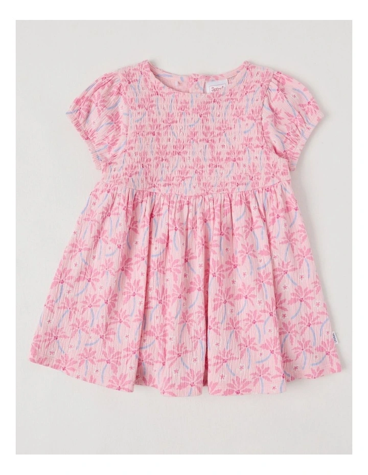 Palm Frangipani Crinkle Knit Dress in Light Pink image 1