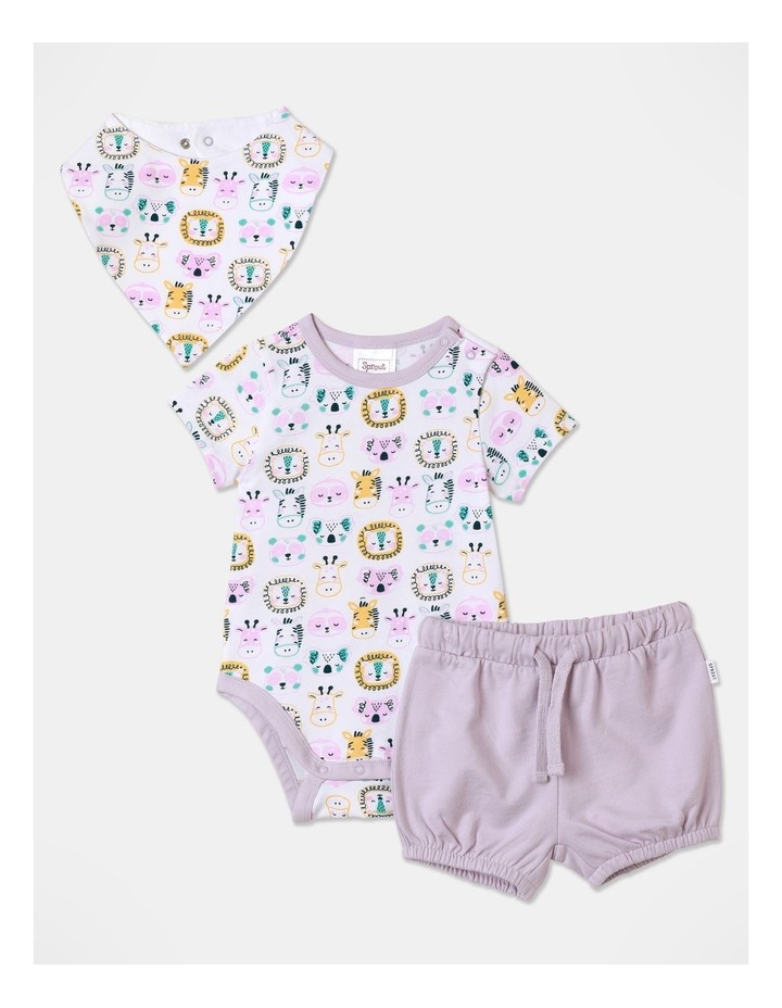 3Pc Jungle Animals Bodysuit Short And Bib Set in Orchid