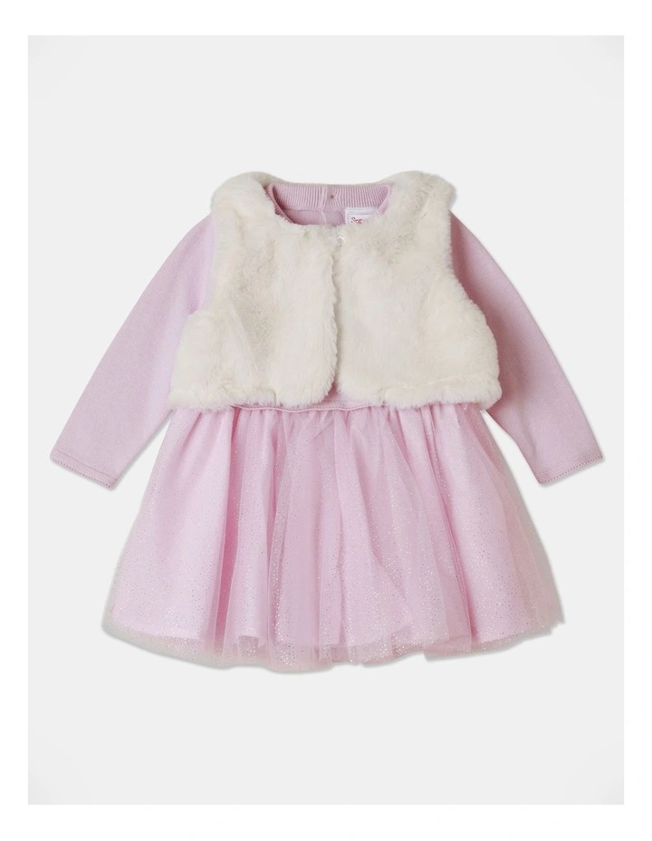 Sprout Knit Tulle Dress And Fur Vest Light Pink image 1