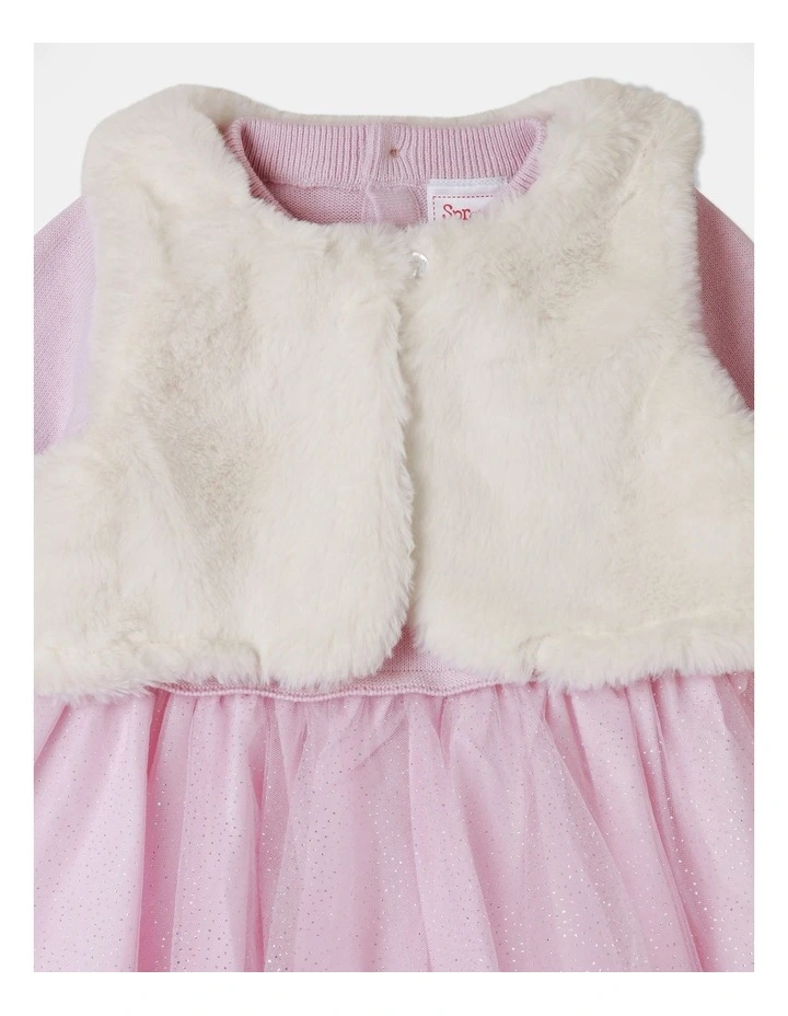 Sprout Knit Tulle Dress And Fur Vest Light Pink image 2