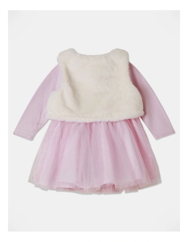 Sprout Knit Tulle Dress And Fur Vest Light Pink image 3