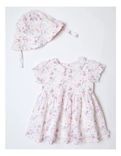 Floral Textured Dress With Hat in White