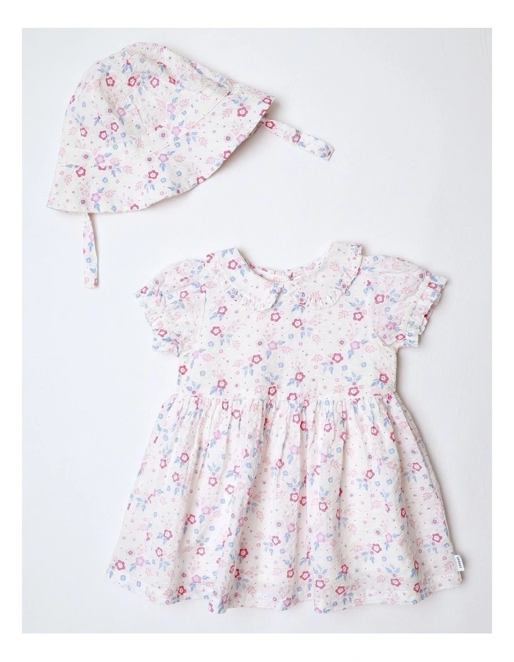 Floral Textured Dress With Hat in White image 1