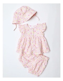 Woven Ditsy Floral Top Short & Hat Set in Assorted