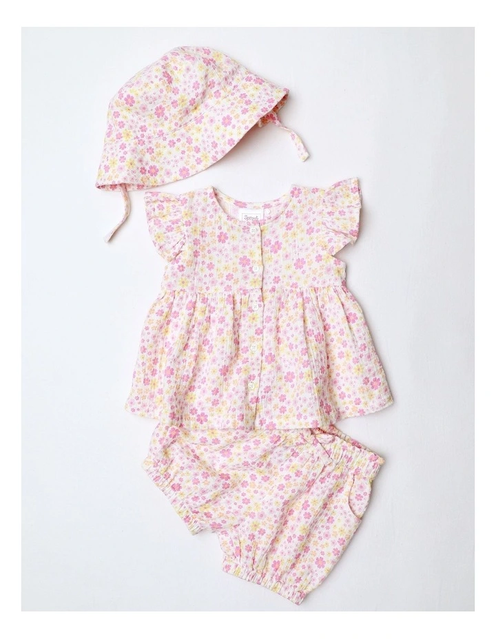 Woven Ditsy Floral Top Short & Hat Set in Assorted image 1