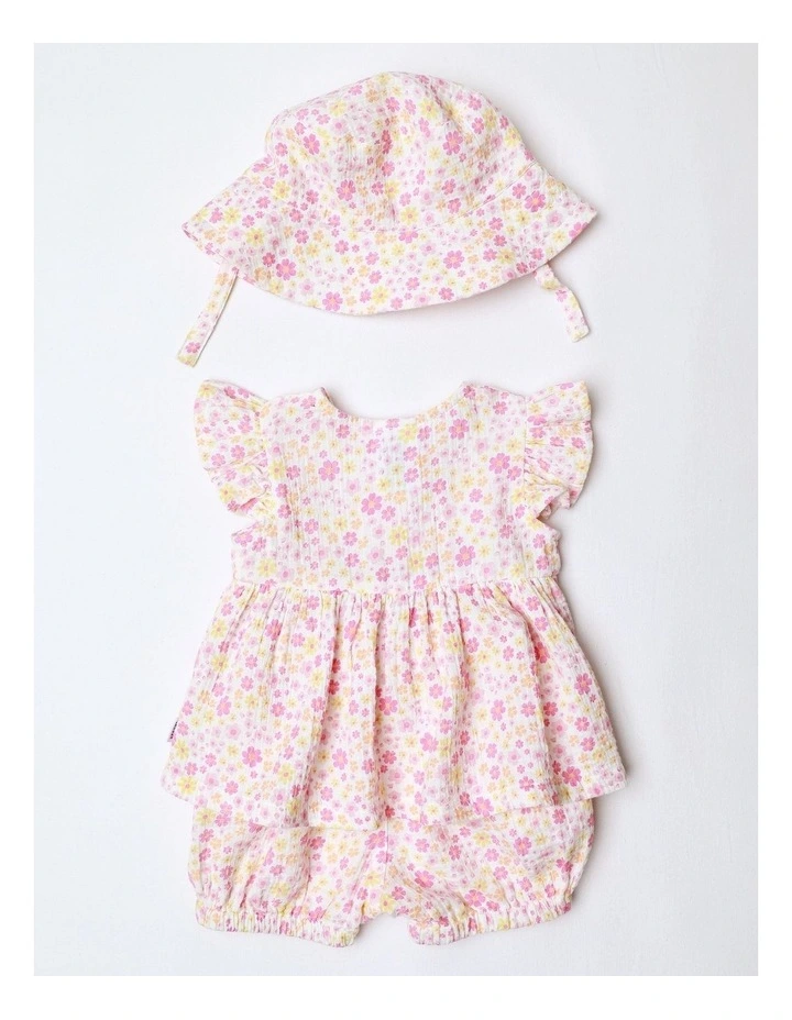 Woven Ditsy Floral Top Short & Hat Set in Assorted image 3