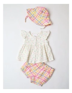 Woven Floral Gingham Top Short & Hat Set in Multi