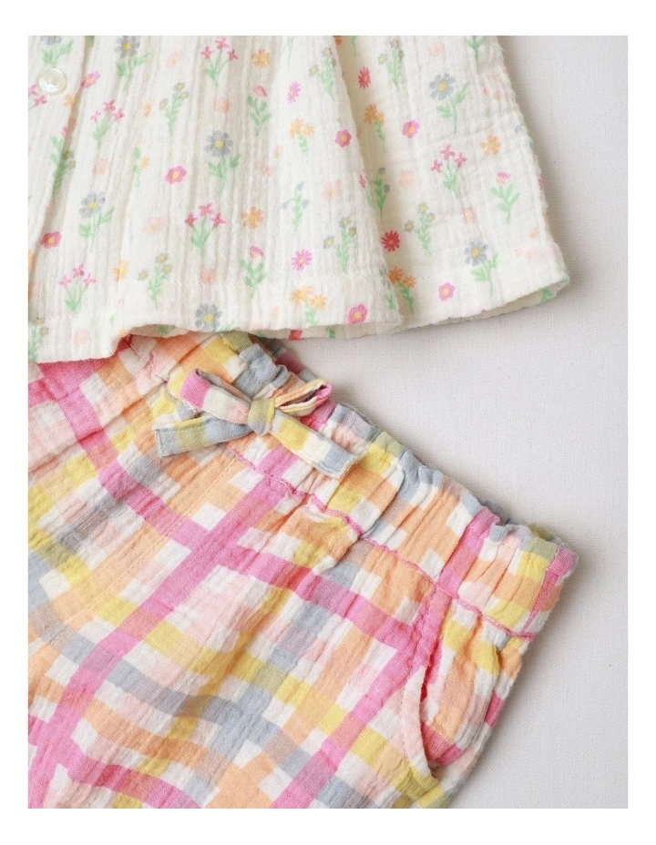 Woven Floral Gingham Top Short & Hat Set in Multi image 2