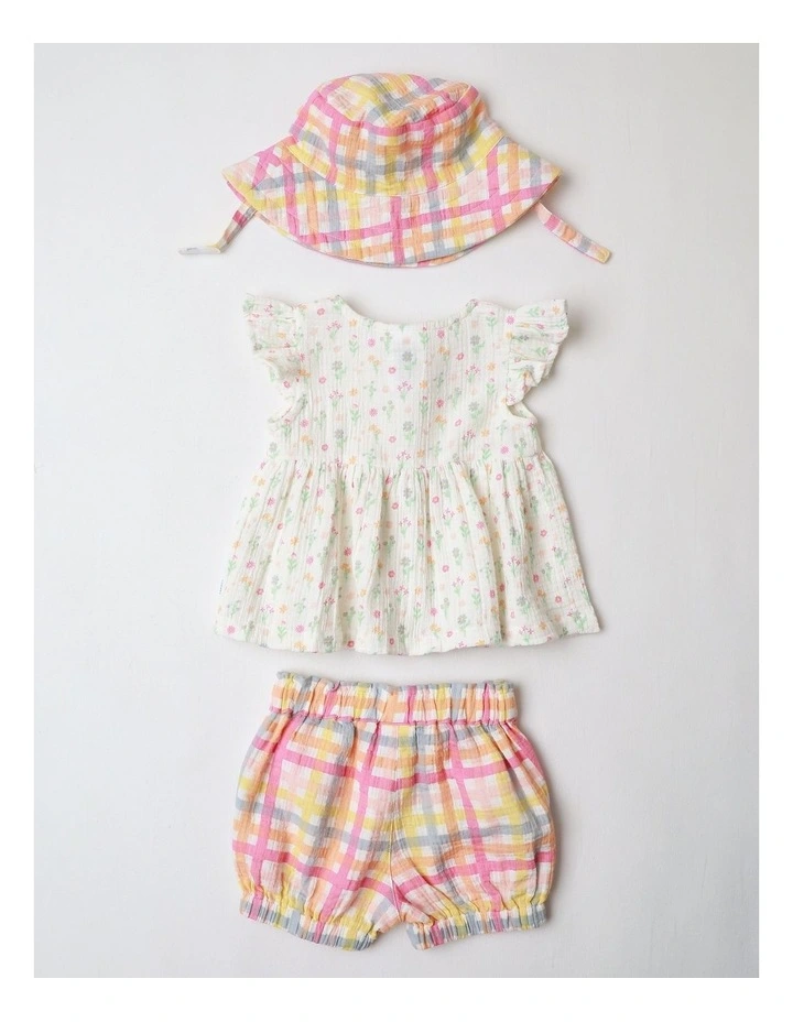 Woven Floral Gingham Top Short & Hat Set in Multi image 3
