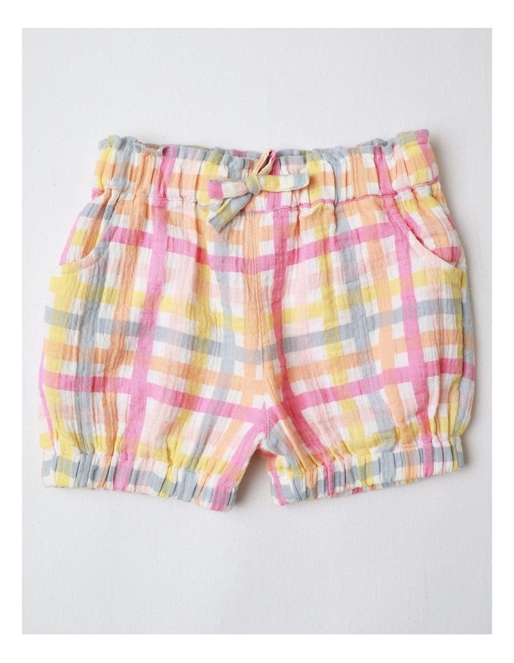 Woven Floral Gingham Top Short & Hat Set in Multi image 4