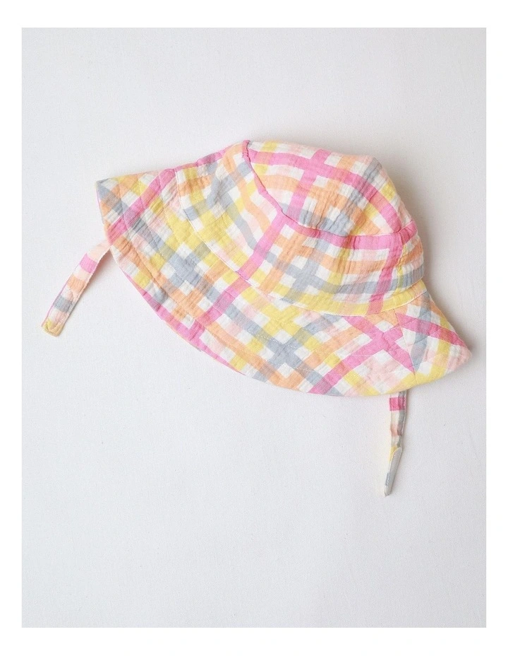 Woven Floral Gingham Top Short & Hat Set in Multi image 5